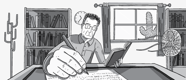 Low angle wide shot of man working at office desk. Close-up foreshortening of writing hand and pen.