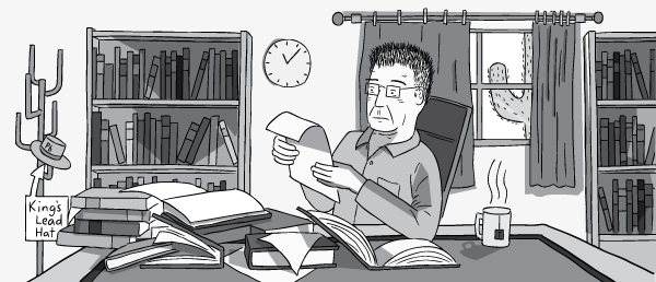 Cartoon man with glasses working at messy office desk during daytime. Leaning back in chair, reading a piece of paper.