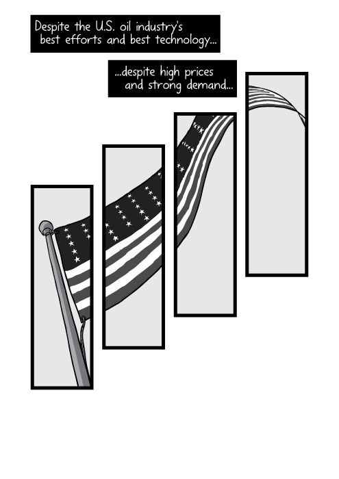 Low angle flagpole American flag. Despite the U.S. oil industry's best efforts and best technology... ...despite high prices and strong demand...