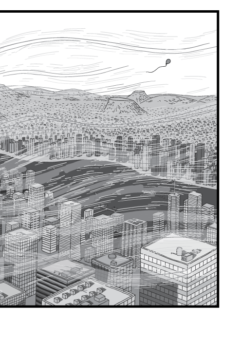 Black and white drawing of high angle city. Detailed city skyline with cartoon wind gusts.