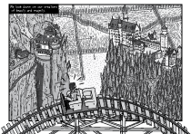 High angle side view of man in roller coaster car looking to the ground far below. Panoramic view of Neuschwanstein Castle and Neuschwanstein Castle (a.ka. Taktsang Palphug Monastery). Black and white cartoon drawing of surprised man in rollercoaster.