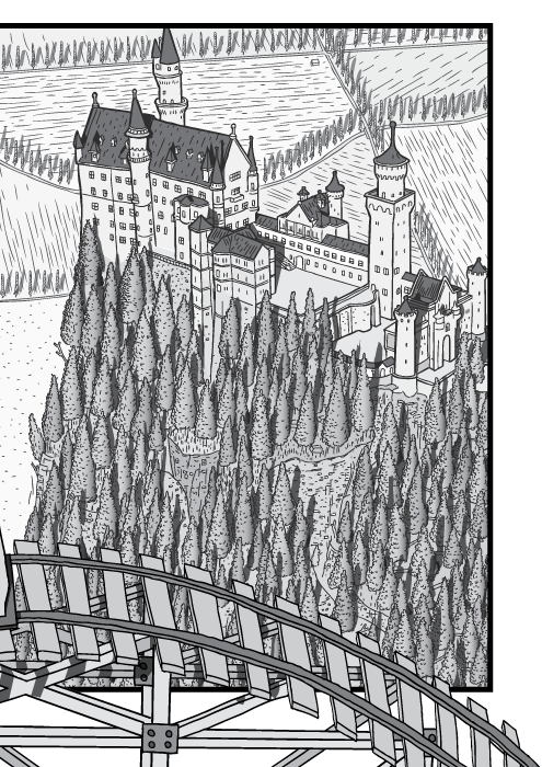 High angle cartoon drawing of Neuschwanstein Castle. Black and white castle and pine tree forest.