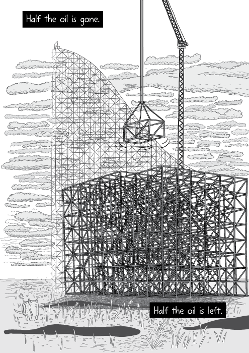 Crane lifting truss from stack of trusses. Black and white drawing. Half the oil is gone. Half the oil is left.