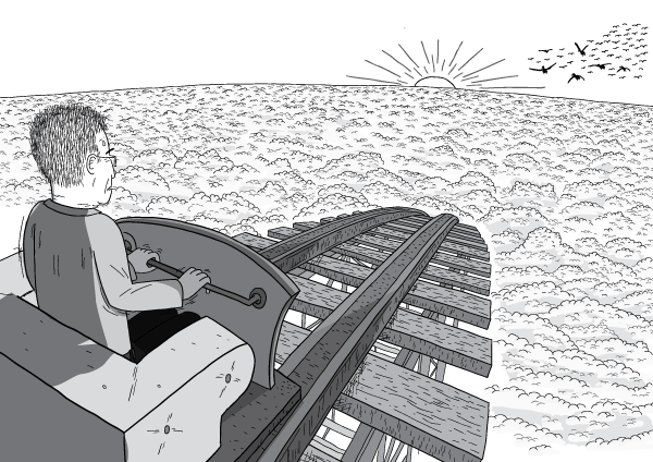 Rear view over the shoulder of man in roller coaster car that is about to roll down a slope. The man looks nervous, and is gripping the handle tightly. Black and white drawing of roller coaster slope. Above the clouds at sunset.