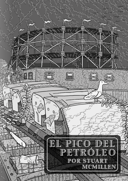 El pico del petróleo por Stuart McMillen. Tira cómica sobre el pico de petróleo de Stuart McMillen. Página principal. Montaña Rusa de los Pintores de la Casa Roja. Dibujo en blanco y negro de un carro de montaña rusa abandonado en un parque de diversiones.