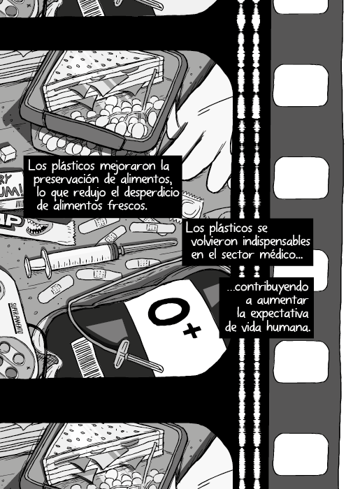 Ilustración en blanco y negro de insumos médicos. Historieta de bolsas de sangre, guantes. Los plásticos mejoraron la preservación de alimentos, lo que redujo el desperdicio de alimentos frescos. Los plásticos se volvieron indispensables en el sector médico…contribuyendo a aumentar la expectativa de vida humana.