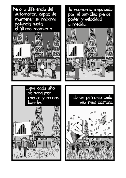 Historieta de yacimiento petrolífero en ciudades en auge. Pero a diferencia del automotor, capaz de mantener su máxima potencia hasta el último momento…la economía impulsada por el petróleo pierde poder y velocidad a medida…que cada año se producen menos y menos barriles…de un petróleo cada vez más costoso.
