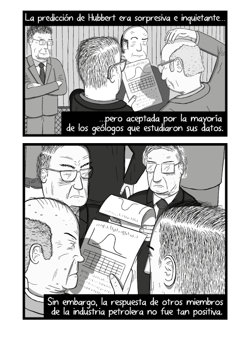 Tira cómica grupo de gente leyendo artículos académicos. La predicción de Hubbert era sorpresiva e inquietante, pero aceptada por la mayoría de los geólogos que estudiaron sus datos. Sin embargo, la respuesta de otros miembros de la industria petrolera no fue tan positiva.