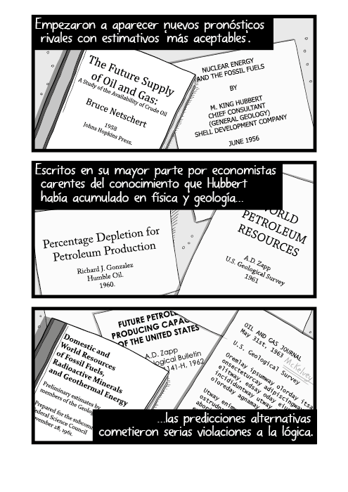 Ilustración de una pila de libros y documentos académicos sobre una mesa. Empezaron a aparecer nuevos pronósticos rivales con estimativos ‘más aceptables’. Escritos en su mayor parte por economistas carentes del conocimiento que Hubbert había acumulado en física y geología, las predicciones alternativas cometieron serias violaciones a la lógica.