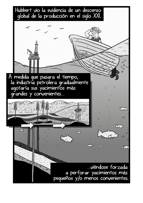 Sumergido, vista corte lateral de un bote en el océano, con peces debajo. Dibujo blanco y negro de yacimientos petroleros en el mar. Hubbert vio la evidencia de un descenso global de la producción en el siglo XXI. A medida que pasara el tiempo, la industria petrolera gradualmente agotaría sus yacimientos más grandes y convenientes, viéndose forzada a perforar yacimientos más pequeños y/o menos convenientes.