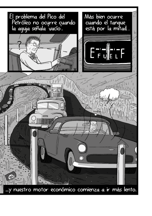 Historieta de ruta de montaña llena de autos. Dibujo en blanco y negro del tanque de combustible de un auto. El problema del Pico del Petróleo no ocurre cuando la aguja señala ‘vacío’. Más bien ocurre cuando el tanque está por la mitad, y nuestro motor económico comienza a ir más lento.