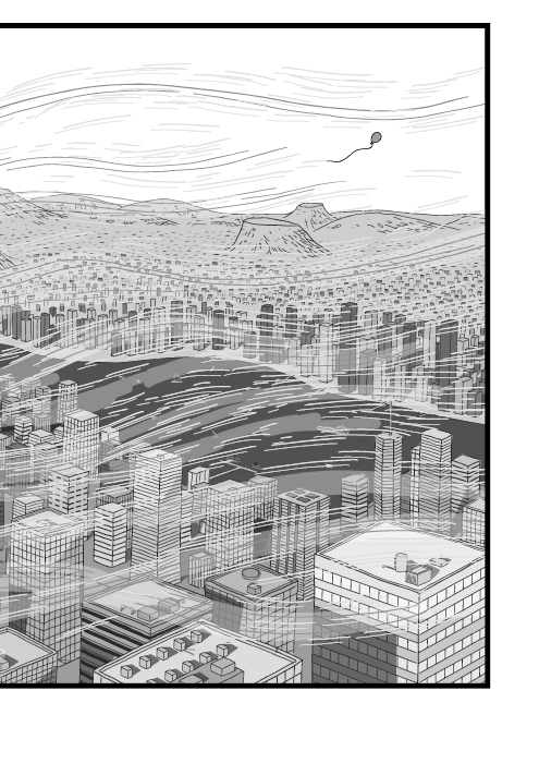 Dibujo en blanco y negro de vista superior de la ciudad.