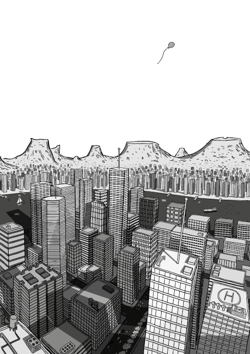 Dibujo de vista superior de centro urbano con rascacielos. Ilustración en blanco y negro de escena urbana con montañas a la distancia.