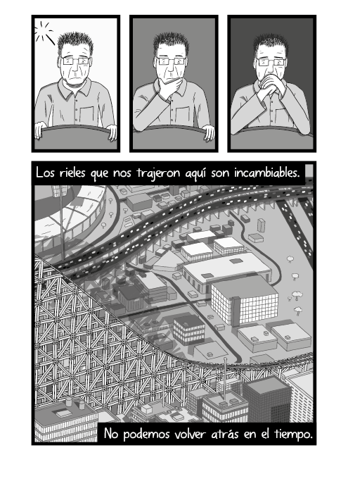 Ilustración en blanco y negro de vista superior de los shoppings de una ciudad. Los rieles que nos trajeron aquí son incambiables. No podemos volver atrás en el tiempo.
