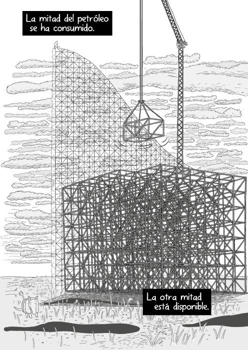 Grúa levantando una pieza de la montaña rusa. Dibujo en blanco y negro. La mitad del petróleo se ha consumido. La otra mitad está disponible.