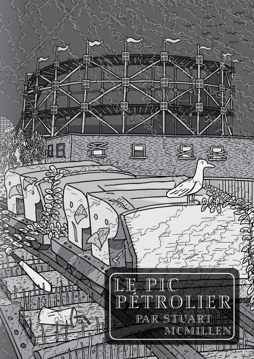 La BD “Le Pic Pétrolier” par Stuart McMillen. Page de titre. RollerCoaster (Montagnes Russes) par Red House Painters. Un dessin en noir et blanc de montagnes russes dans un parc de loisirs abandonné.