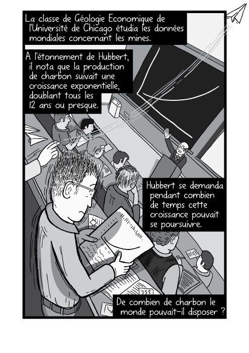 Dessin en plongée d'un étudiant lisant dans une bibliothèque. La classe de Géologie Economique de l'Université de Chicago étudia les données mondiales concernant les mines. A l'étonnement de Hubbert, il nota que la production de charbon suivait une croissance exponentielle, doublant tous les 12 ans ou presque. Hubbert se demanda pendant combien de temps cette croissance pouvait se poursuivre. De combien de charbon le monde pouvait-il disposer ?