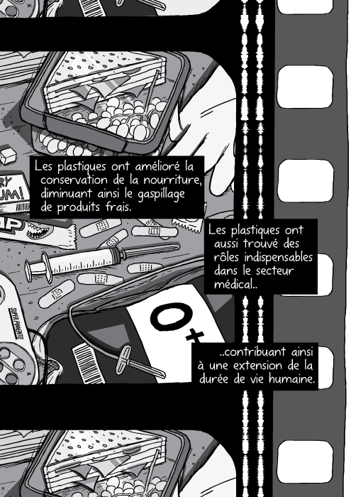 Dessin en noir et blanc de matériels médicaux. Poche de sang, gants. Les plastiques ont amélioré la conservation de la nourriture, diminuant ainsi le gaspillage de produits frais. Les plastiques ont aussi trouvé des rôles indispensables dans le secteur médical contribuant ainsi à une extension de la durée de vie humaine.