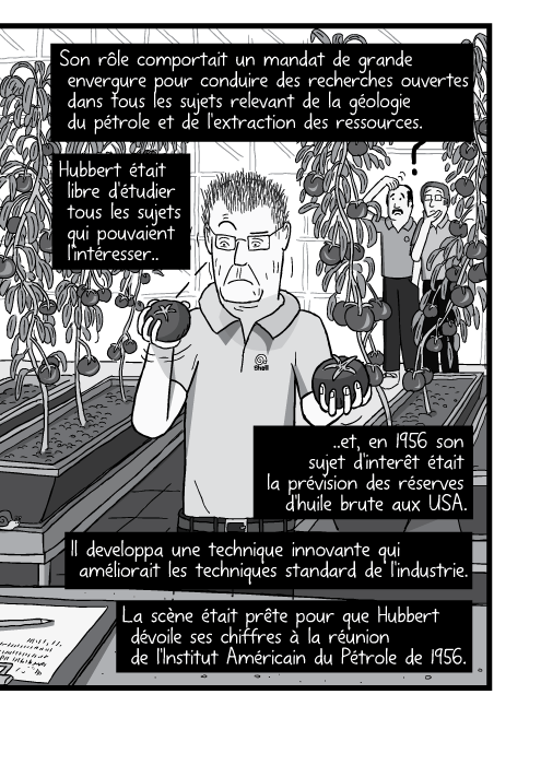 Dessin en noir et blanc d'un homme dans une serre tenant des tomates. Son rôle comportait un mandat de grande envergure pour conduire des recherches ouvertes dans tous les sujets relevant de la géologie du pétrole et de l'extraction des ressources. Hubbert était libre d'étudier tous les sujets qui pouvaient l'intéresser et, en 1956 son sujet d'interêt était la prévision des réserves d'huile brute aux USA. Il developpa une technique innovante qui améliorait les techniques standard de l'industrie. La scène était prête pour que Hubbert dévoile ses chiffres à la réunion de l'Institut Américain du Pétrole de 1956.