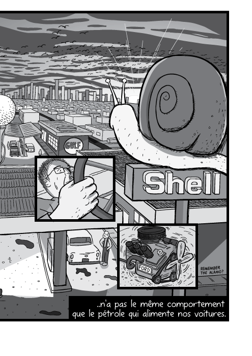 Dessin en plongée d'une station d'essence Shell. Dessin de ville au crépuscule. ..n'a pas le même comportement que le pétrole qui alimente nos voitures.