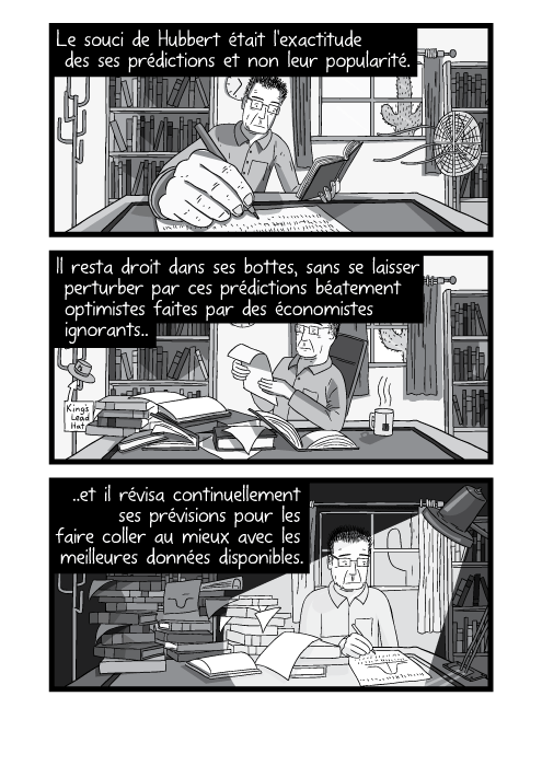 Dessins décalés dans le temps d'un homme travaillant à son bureau. Au fur et à mesure que le temps passe le bureau est de pus en plus encombré. Le souci de Hubbert était l'exactitude des ses prédictions et non leur popularité. Il resta droit dans ses bottes, sans se laisser perturber par ces prédictions béatement optimistes faites par des économistes ignorants et il révisa continuellement ses prévisions pour les faire coller au mieux avec les meilleures données disponibles.