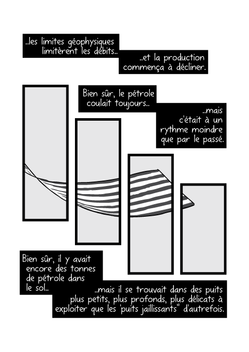 ..les limites géophysiques limitèrent les débits et la production commença à décliner. Bien sûr, le pétrole coulait toujours mais c'était à un rythme moindre que par le passé. Bien sûr, il y avait encore des tonnes de pétrole dans le sol mais il se trouvait dans des puits plus petits, plus profonds, plus délicats à exploiter que les 'puits jaillissants” d'autrefois.