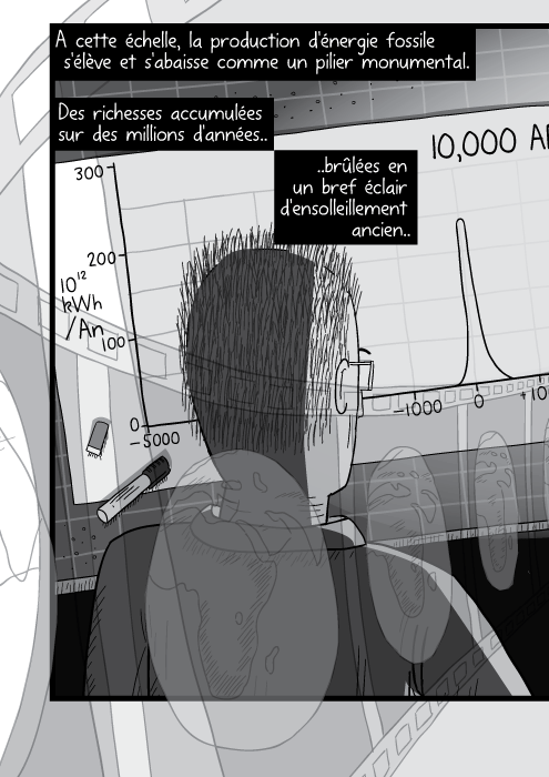 Vue au dessus de son épaule d'un homme regardant des plans d'architecte. En noir et blanc. A cette échelle, la production d'énergie fossile s'élève et s'abaisse comme un pilier monumental. Des richesses accumulées sur des millions d'années brûlées en un bref éclair d'ensolleillement ancien..