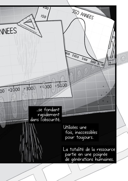 Dessin d'une table à dessin encombrée. Des piles de papiers sur le bureau de l'architecte. ..se fondant rapidement dans l'obscurité. Utilisées une fois, inaccessibles pour toujours. La totalité de la ressource partie en une poignée de générations humaines.