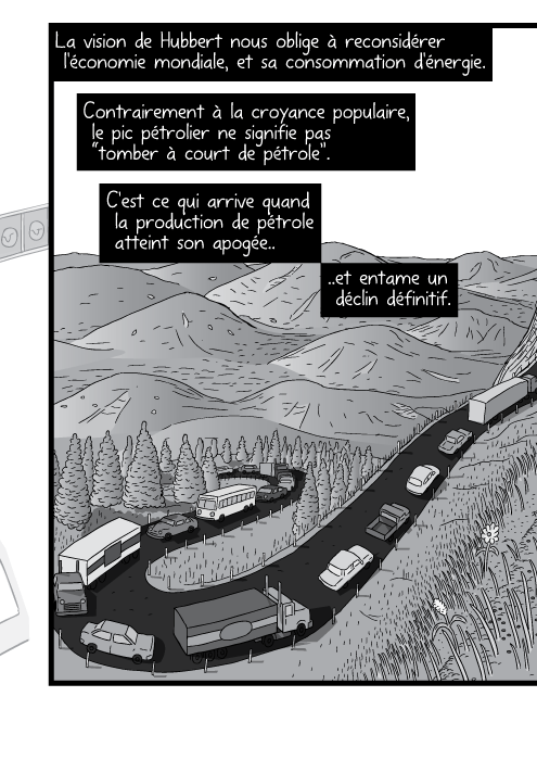 Dessin d'une route de montagne en lacets. Des voitures montent la pente. La vision de Hubbert nous oblige à reconsidérer l'économie mondiale, et sa consommation d'énergie. Contrairement à la croyance populaire, le pic pétrolier ne signifie pas “tomber à court de pétrole”. C'est ce qui arrive quand la production de pétrole atteint son apogée et entame un déclin définitif.