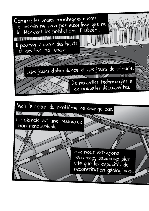 Comme les vraies montagnes russes, le chemin ne sera pas aussi lisse que ne le décrivent les prédictions d'Hubbert. Il pourra y avoir des hauts et des bas inattendus des jours d'abondance et des jours de pénurie. De nouvelles technologies et de nouvelles découvertes. Mais le coeur du problème ne change pas. Le pétrole est une ressource non renouvelable que nous extrayons beaucoup, beaucoup plus vite que les capacités de reconstitution géologiques..