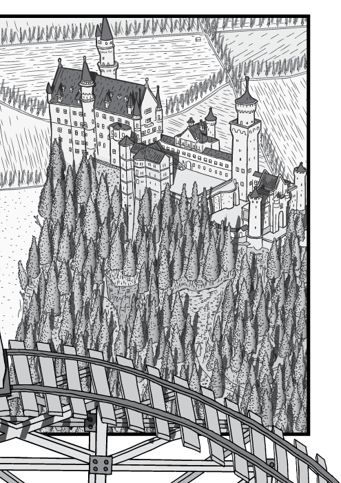 Dessin en plongée du château de Neuschwanstein. Le château et la forêt de pins en noir et blanc.