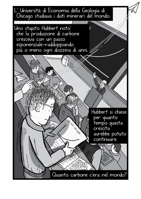 L' Università di Economia della Geologia di Chicago studiava i dati minerari del mondo. Uno stupito Hubbert noto' che la produzione di carbone cresceva con un passo esponenziale—raddoppiando più o meno ogni dozzina di anni. Hubbert si chiese per quanto tempo questa crescita avrebbe potuto continuare. Quanto carbone c'era nel mondo?