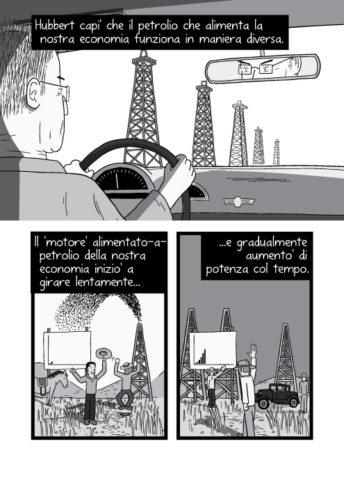 Hubbert capi' che il petrolio che alimenta la nostra economia funziona in maniera diversa. Il 'motore' alimentato-a-petrolio della nostra economia inizio' a girare lentamente e gradualmente aumento' di potenza col tempo.