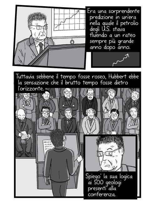 Era una sorprendente predizione in un'era nella quale il petrolio degli U.S. stava fluendo a un rateo sempre più grande anno dopo anno. Tuttavia sebbene il tempo fosse roseo, Hubbert ebbe la sensazione che il brutto tempo fosse dietro l'orizzonte. Spiego' la sua logica ai 500 geologi presenti alla conferenza.