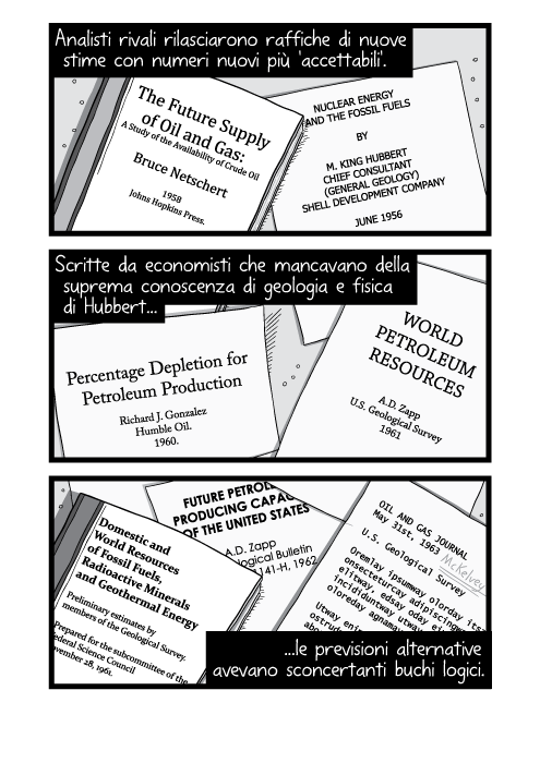 Analisti rivali rilasciarono raffiche di nuove stime con numeri nuovi più 'accettabili'. Scritte da economisti che mancavano della suprema conoscenza di geologia e fisica di Hubbert le previsioni alternative avevano sconcertanti buchi logici.