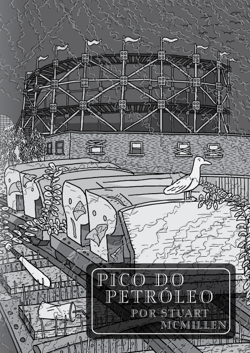Pico do Petróleo por Stuart McMillen. Página título. Montanha-russa por Red House Painters. Desenho em preto e branco do vagão da montanha-russa em um parque de diversão abandonado.
