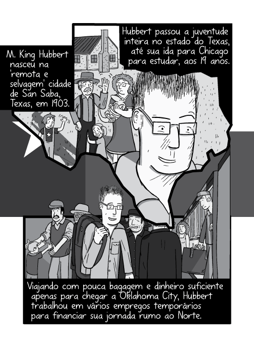 Cartum viajante desembarcando do trem na plataforma da estação de trem. M. King Hubbert nasceu na 'remota e selvagem' cidade de San Saba, Texas, em 1903. Hubbert passou a juventude inteira no estado do Texas, até sua ida para Chicago para estudar, aos 19 anos. Viajando com pouca bagagem e dinheiro suficiente apenas para chegar a Oklahoma City, Hubbert trabalhou em vários empregos temporários para financiar sua jornada rumo ao Norte.