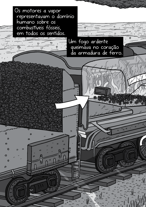 Cartum corte transversal locomotiva a vapor. Desenho em preto e branco vagão de carvão. Os motores a vapor representavam o domínio humano sobre os combustíveis fósseis, em todos os sentidos. Um fogo ardente queimava no coração da armadura de ferro.