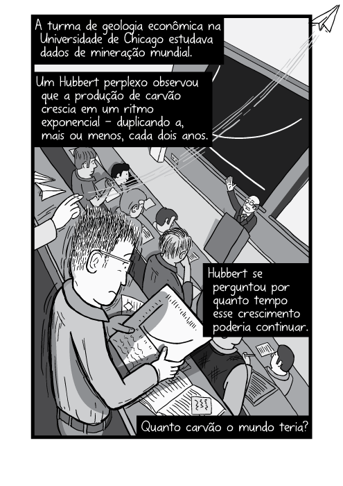 Cartum visão superior estudante lendo papel em sala de aula. A turma de geologia econômica na Universidade de Chicago estudava dados de mineração mundial. Um Hubbert perplexo observou que a produção de carvão crescia em um ritmo exponencial - duplicando a, mais ou menos, cada dois anos. Hubbert se perguntou por quanto tempo esse crescimento poderia continuar. Quanto carvão o mundo teria?