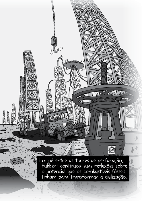 Desenho em preto e branco das torres de petróleo. Cartum panorâmico dos campos de petróleo. Em pé entre as torres de perfuração, Hubbert continuou suas reflexões sobre o potencial que os combustíveis fósseis tinham para transformar a civilização.