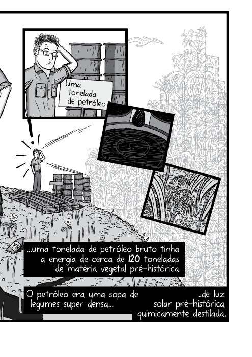 Cartum em preto e branco de homem olhando sobre a encosta íngreme. Uma tonelada de petróleo bruto tinha a energia de cerca de 120 toneladas de matéria vegetal pré-histórica. O petróleo era uma sopa de legumes super densa de luz solar pré-histórica quimicamente destilada.
