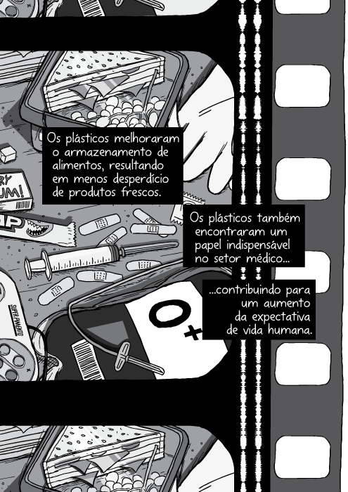 Ilustração em preto e branco de suprimentos médicos. Cartum bolsa de sangue, luvas. Os plásticos melhoraram o armazenamento de alimentos, resultando em menos desperdício de produtos frescos. Os plásticos também encontraram um papel indispensável no setor médico contribuindo para um aumento da expectativa de vida humana.