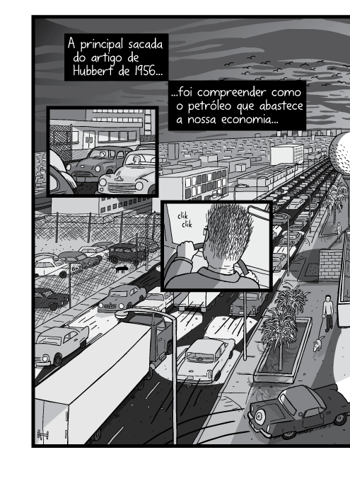 Desenho de visão superior de congestionamento. Cartum do congestionamento da hora do rush. A principal sacada do artigo de Hubbert de 1956 foi compreender como o petróleo que abastece a nossa economia...