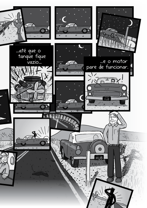 Desenho em cartum de carro quebrado no deserto no raiar do sol. ...até que o tanque fique vazio e o motor pare de funcionar.