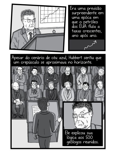 Desenho cartum visão superior de homem palestrando no púlpito. Era uma previsão surpreendente em uma epóca em que o petróleo dos EUA fluía a taxas crescentes, ano após ano. Apesar do cenário de céu azul, Hubbert sentiu que um crepúsculo se aproximava no horizonte. Ele explicou sua lógica aos 500 geólogos reunidos.