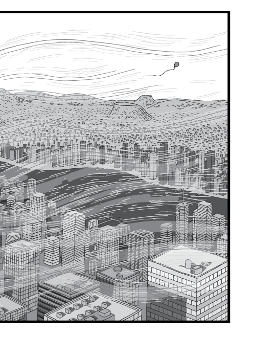 Desenho em preto e branco de ângulo elevado da cidade. Cartum detalhado do horizonte da cidade com rajadas de vento.