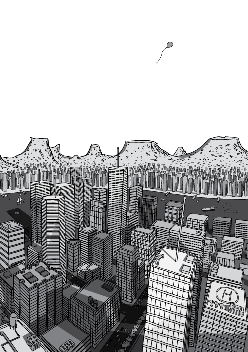 Desenho de visão superior de arranha-céus no centro da cidade. Ilustração em preto e branco de panorama urbano com montanhas a distância.