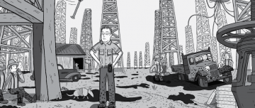 Cartoon man standing on oil fields
