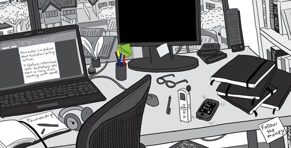 Drawing of cluttered office desk, with headphones, mouse, phone, notepads, monitor, office chair.