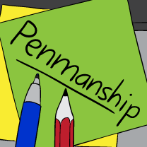 Penmanship podcast logo. Green Post-it note.